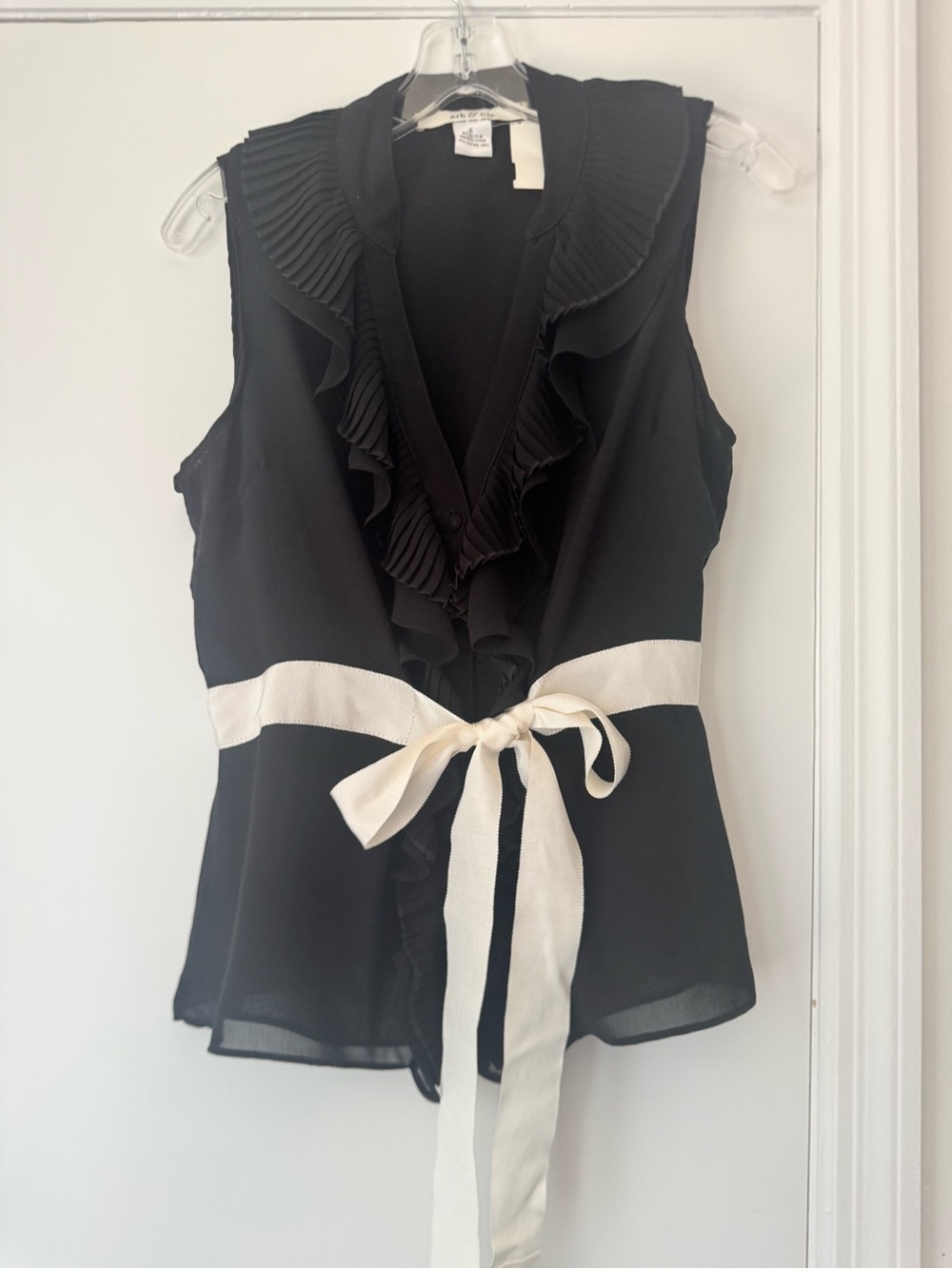 Ark & Co Black Sleeveless Ruffle Blouse with Cream Waist Tie